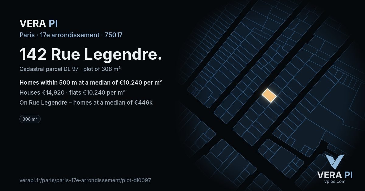 142 Rue Legendre, 17e arrondissement at night – the plot lit, the parcels around coloured by the prices near them