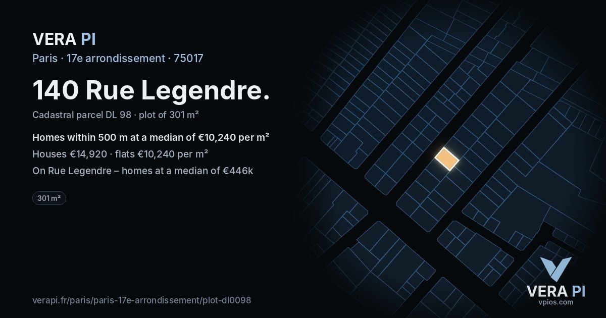 140 Rue Legendre, 17e arrondissement at night – the plot lit, the parcels around coloured by the prices near them