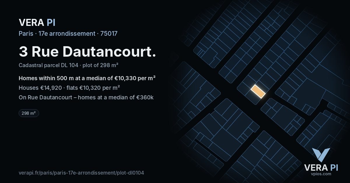 3 Rue Dautancourt, 17e arrondissement at night – the plot lit, the parcels around coloured by the prices near them