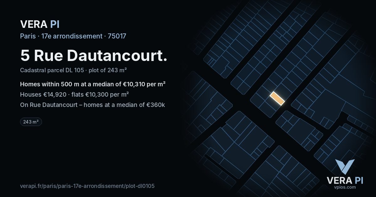 5 Rue Dautancourt, 17e arrondissement at night – the plot lit, the parcels around coloured by the prices near them