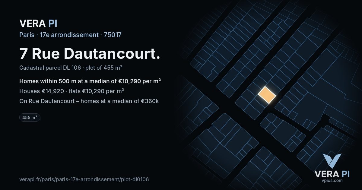 7 Rue Dautancourt, 17e arrondissement at night – the plot lit, the parcels around coloured by the prices near them