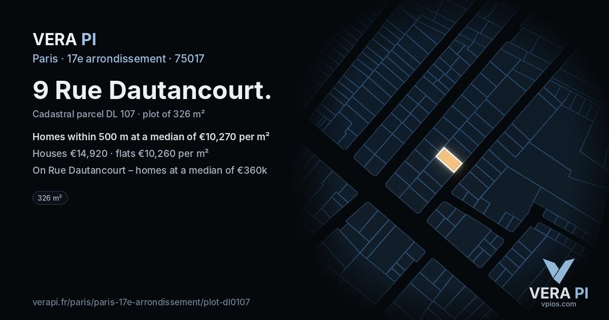 9 Rue Dautancourt, 17e arrondissement at night – the plot lit, the parcels around coloured by the prices near them