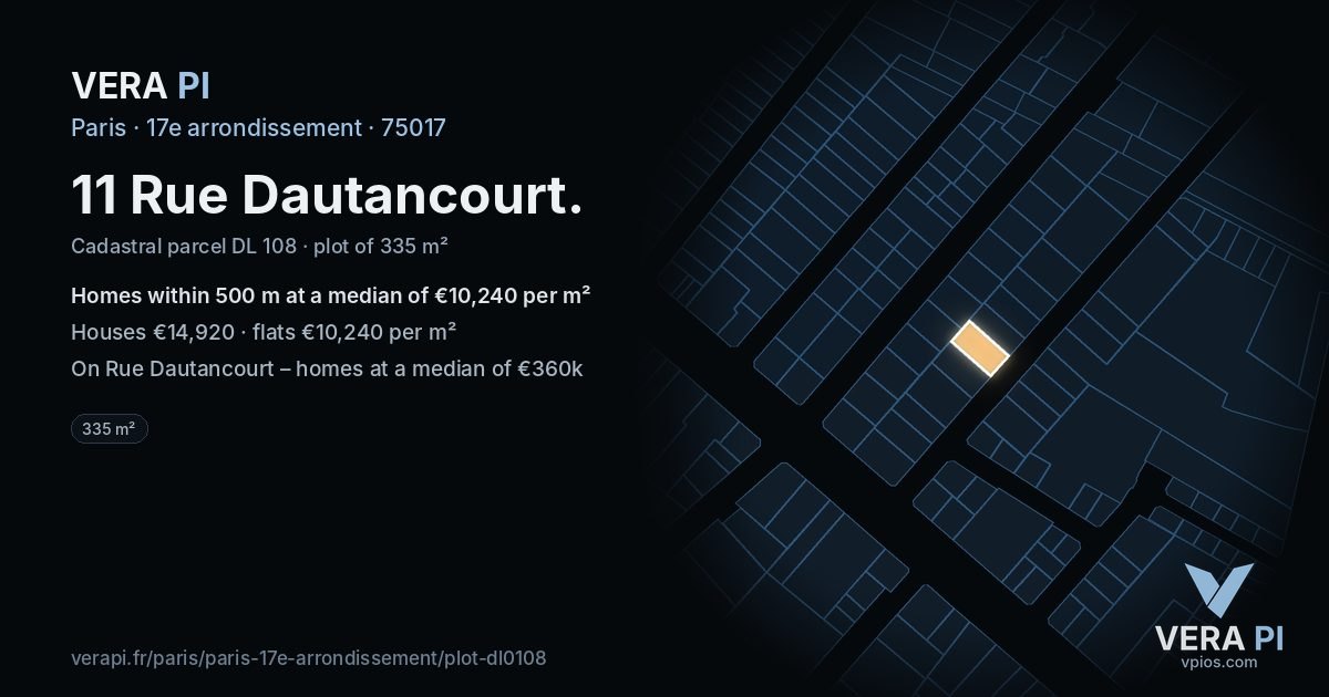11 Rue Dautancourt, 17e arrondissement at night – the plot lit, the parcels around coloured by the prices near them
