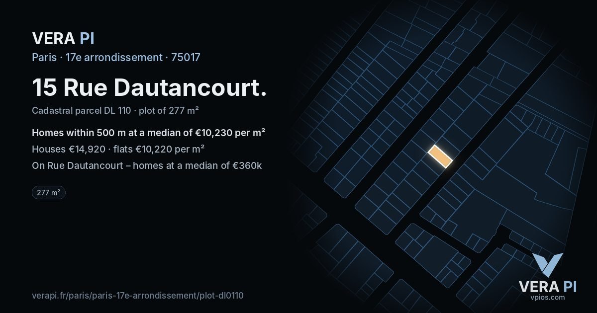 15 Rue Dautancourt, 17e arrondissement at night – the plot lit, the parcels around coloured by the prices near them