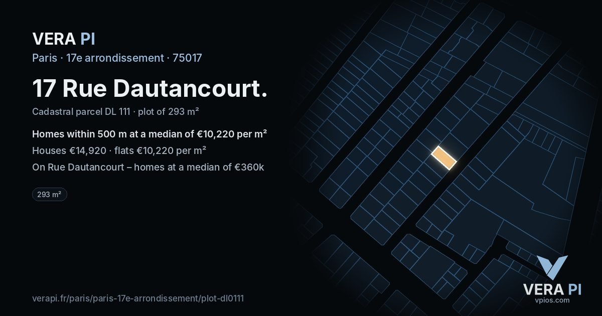 17 Rue Dautancourt, 17e arrondissement at night – the plot lit, the parcels around coloured by the prices near them