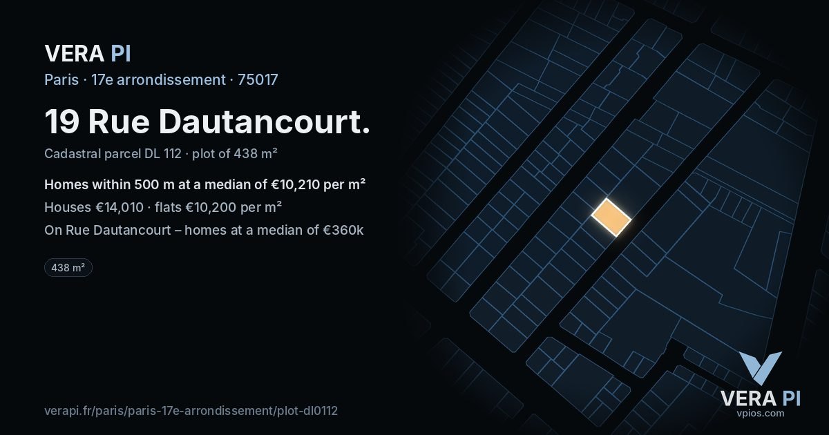 19 Rue Dautancourt, 17e arrondissement at night – the plot lit, the parcels around coloured by the prices near them