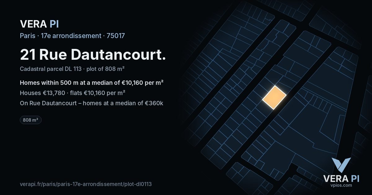 21 Rue Dautancourt, 17e arrondissement at night – the plot lit, the parcels around coloured by the prices near them