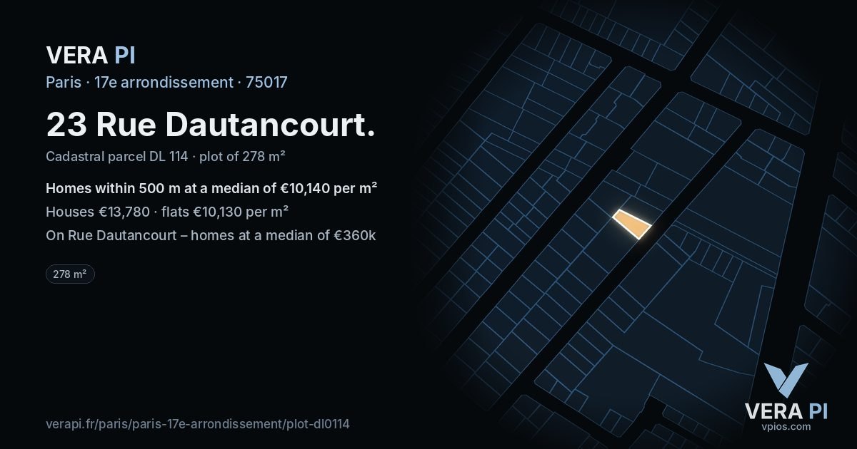 23 Rue Dautancourt, 17e arrondissement at night – the plot lit, the parcels around coloured by the prices near them