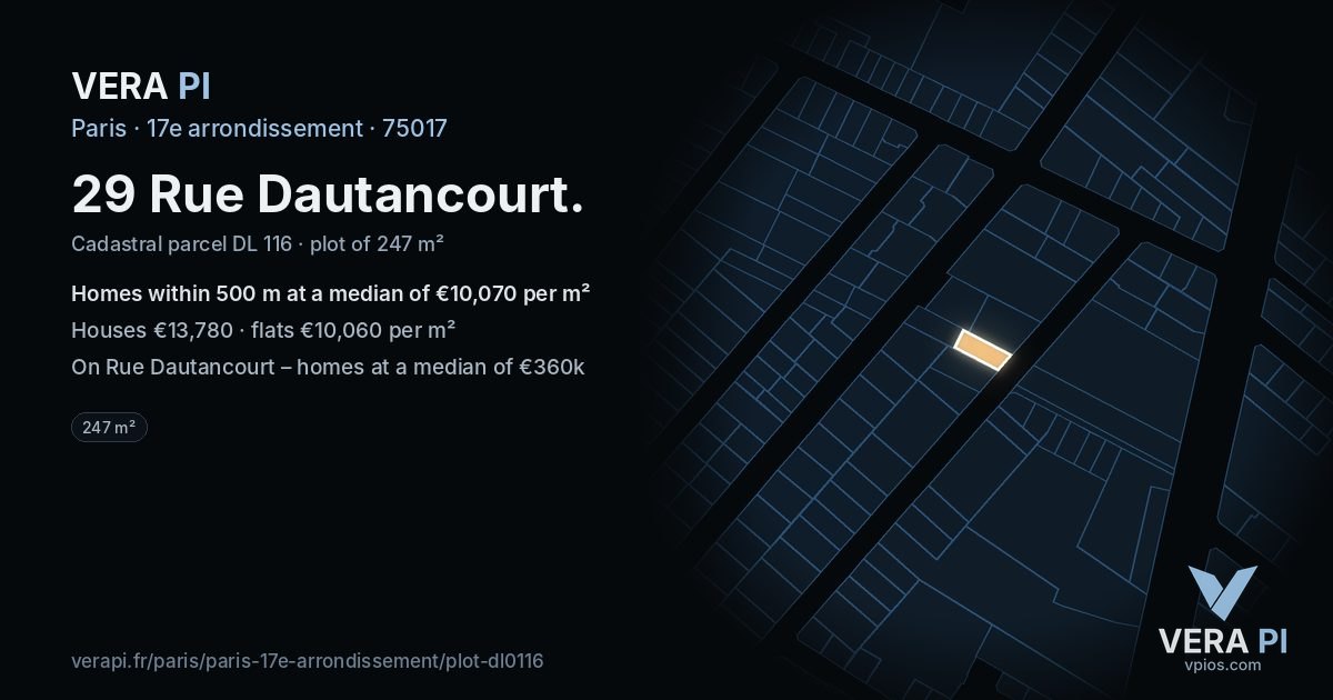 29 Rue Dautancourt, 17e arrondissement at night – the plot lit, the parcels around coloured by the prices near them