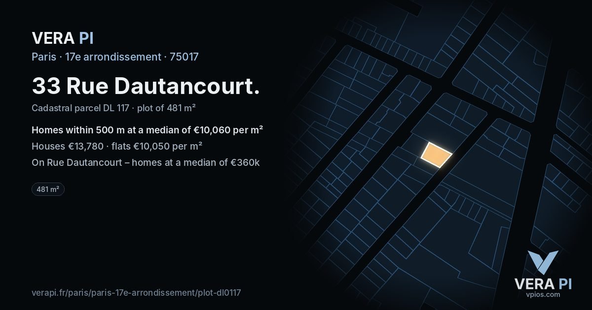 33 Rue Dautancourt, 17e arrondissement at night – the plot lit, the parcels around coloured by the prices near them