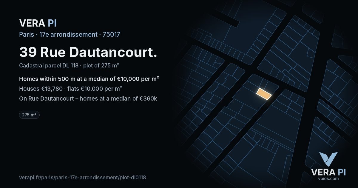 39 Rue Dautancourt, 17e arrondissement at night – the plot lit, the parcels around coloured by the prices near them