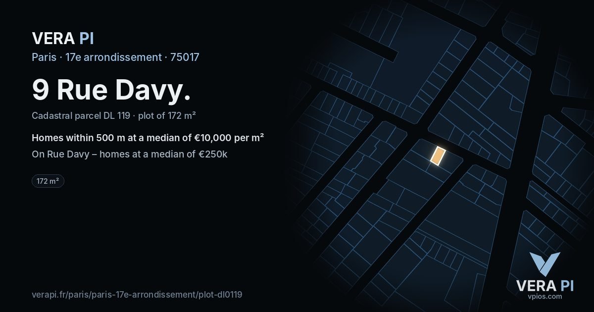 9 Rue Davy, 17e arrondissement at night – the plot lit, the parcels around coloured by the prices near them
