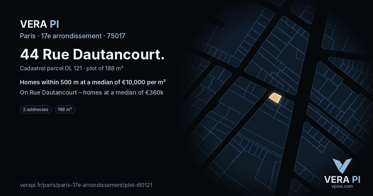44 Rue Dautancourt, 17e arrondissement at night – the plot lit, the parcels around coloured by the prices near them