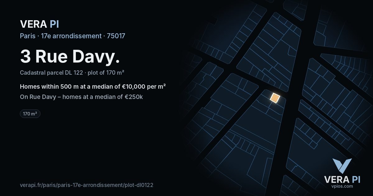 3 Rue Davy, 17e arrondissement at night – the plot lit, the parcels around coloured by the prices near them