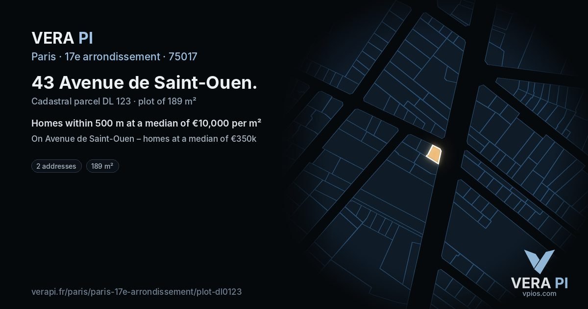 43 Avenue de Saint-Ouen, 17e arrondissement at night – the plot lit, the parcels around coloured by the prices near them