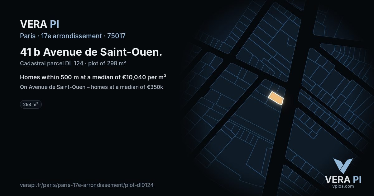 41 b Avenue de Saint-Ouen, 17e arrondissement at night – the plot lit, the parcels around coloured by the prices near them