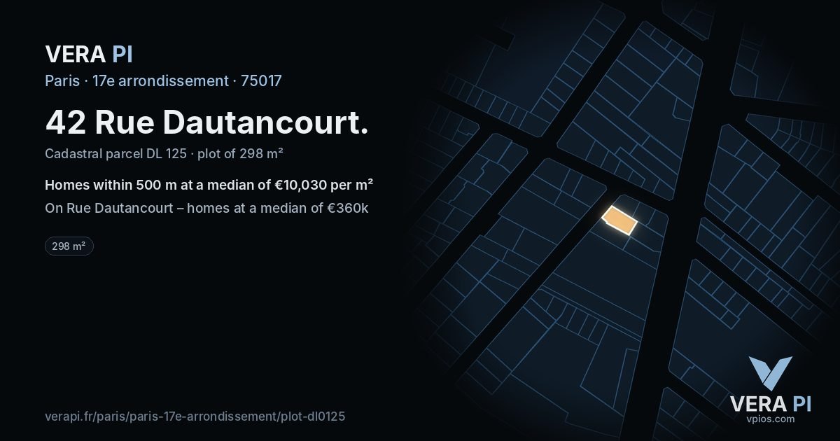 42 Rue Dautancourt, 17e arrondissement at night – the plot lit, the parcels around coloured by the prices near them