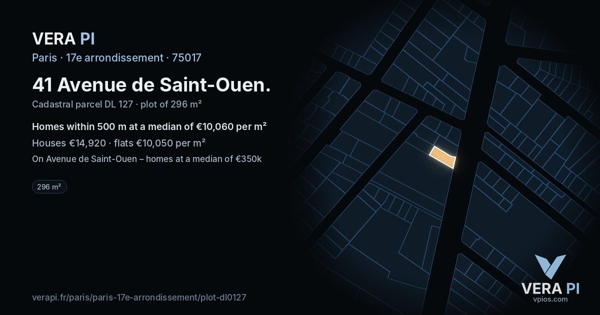 41 Avenue de Saint-Ouen, 17e arrondissement at night – the plot lit, the parcels around coloured by the prices near them