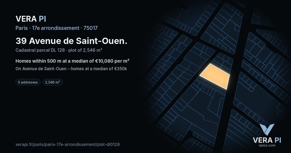 39 Avenue de Saint-Ouen, 17e arrondissement at night – the plot lit, the parcels around coloured by the prices near them