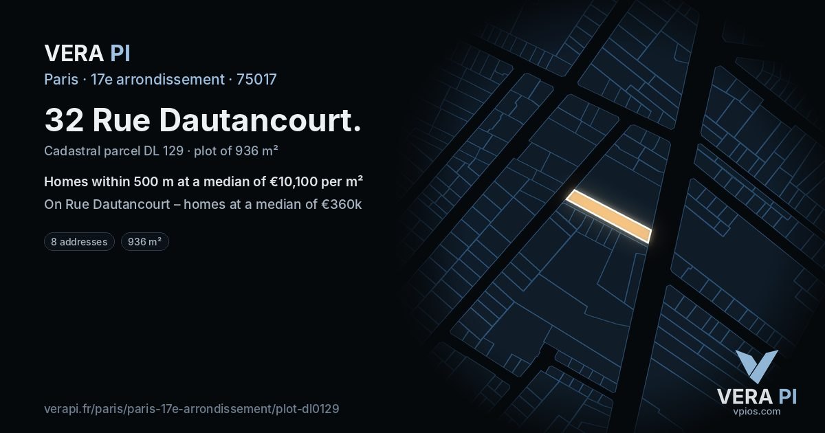 32 Rue Dautancourt, 17e arrondissement at night – the plot lit, the parcels around coloured by the prices near them