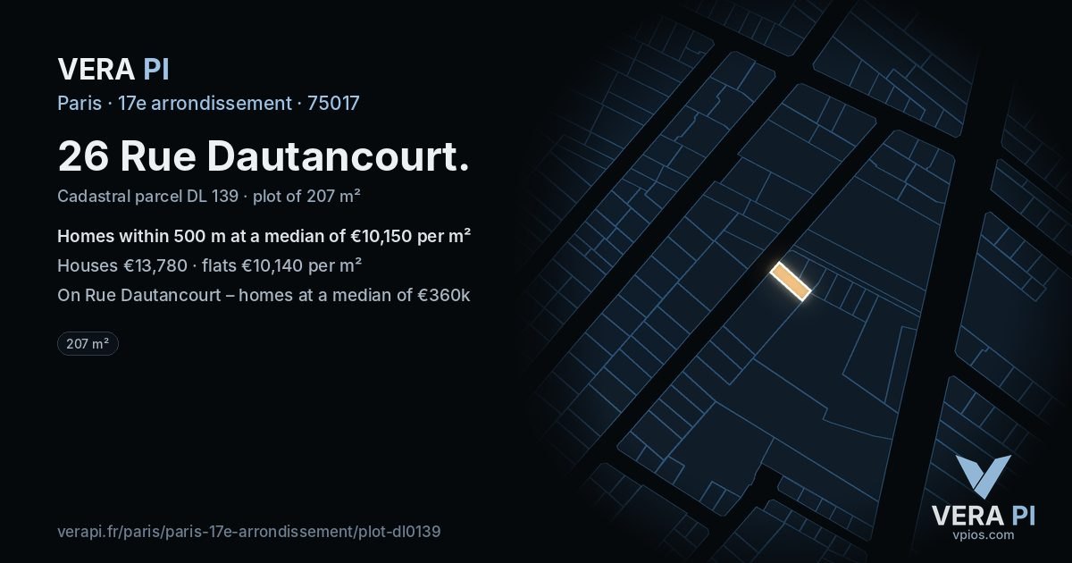 26 Rue Dautancourt, 17e arrondissement at night – the plot lit, the parcels around coloured by the prices near them