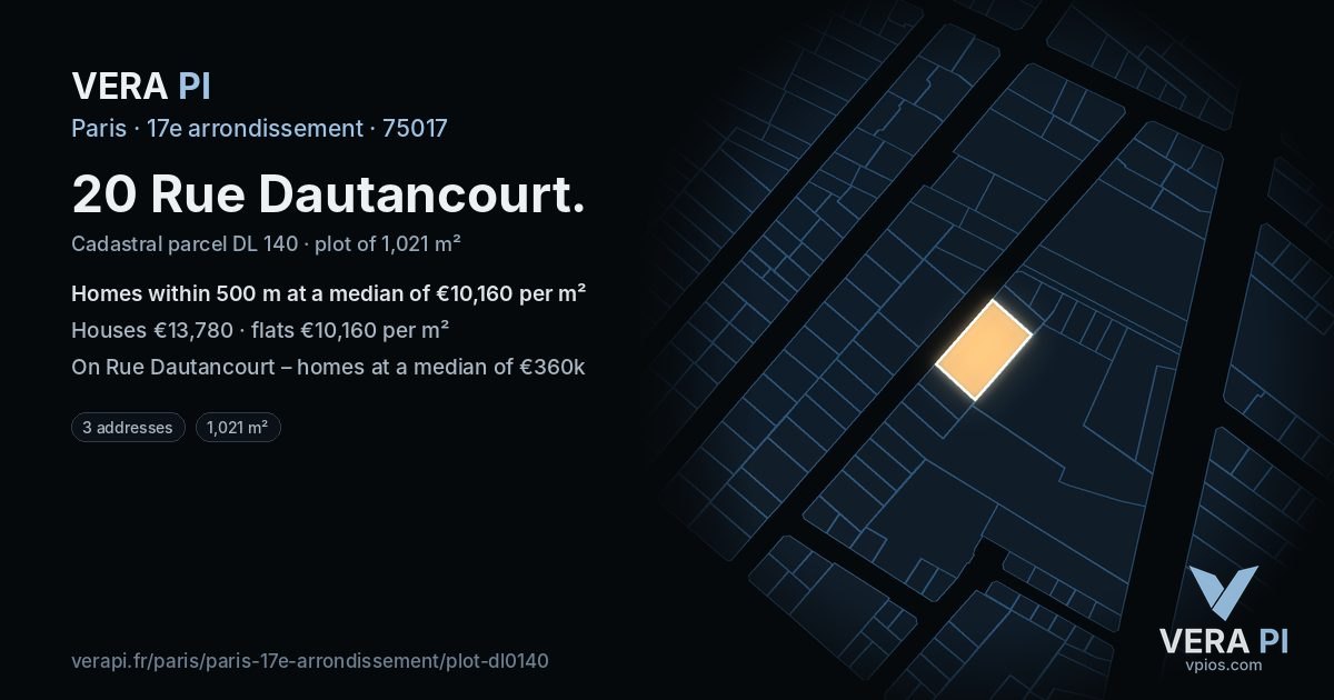 20 Rue Dautancourt, 17e arrondissement at night – the plot lit, the parcels around coloured by the prices near them