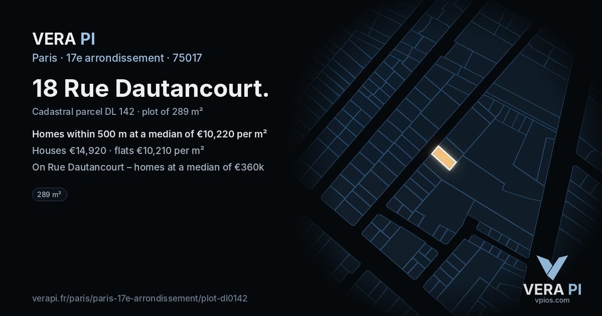 18 Rue Dautancourt, 17e arrondissement at night – the plot lit, the parcels around coloured by the prices near them