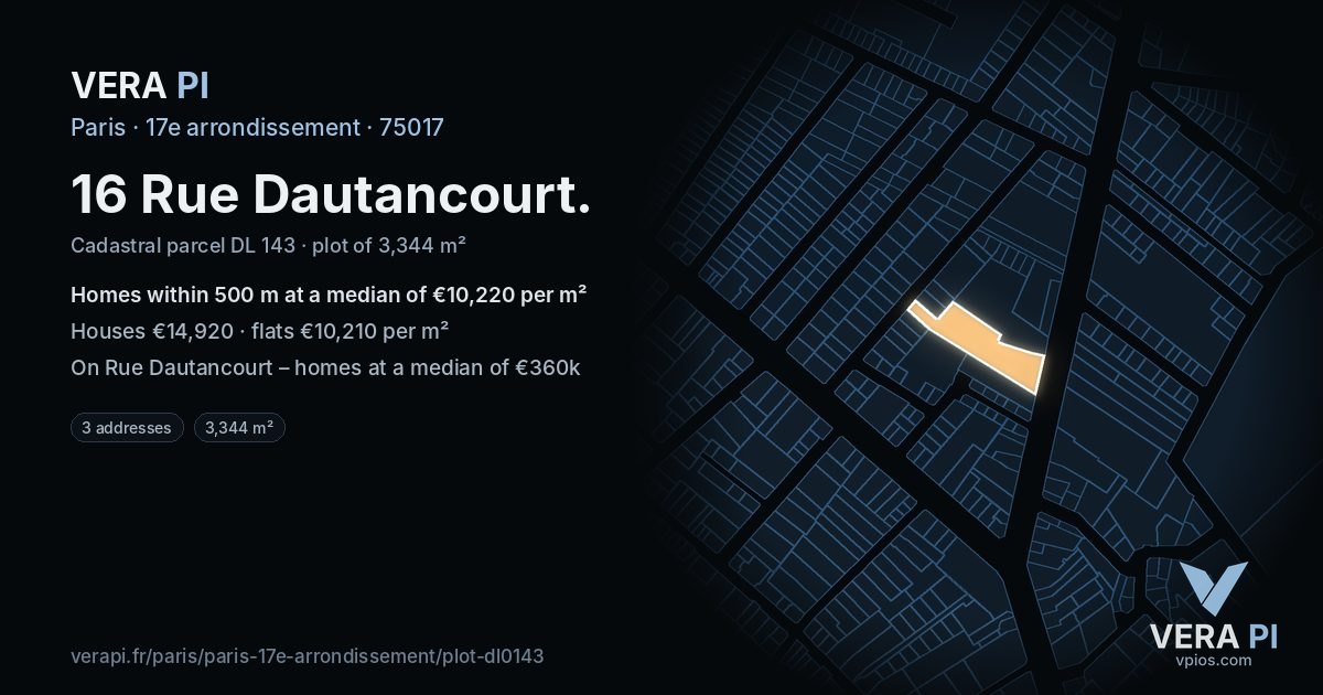 16 Rue Dautancourt, 17e arrondissement at night – the plot lit, the parcels around coloured by the prices near them