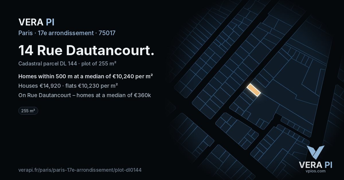 14 Rue Dautancourt, 17e arrondissement at night – the plot lit, the parcels around coloured by the prices near them
