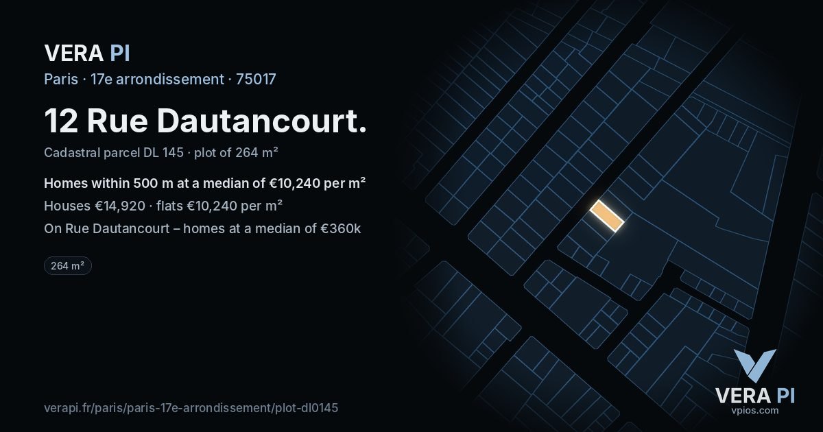 12 Rue Dautancourt, 17e arrondissement at night – the plot lit, the parcels around coloured by the prices near them