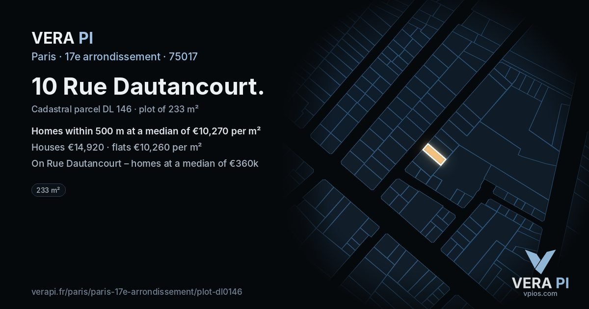 10 Rue Dautancourt, 17e arrondissement at night – the plot lit, the parcels around coloured by the prices near them
