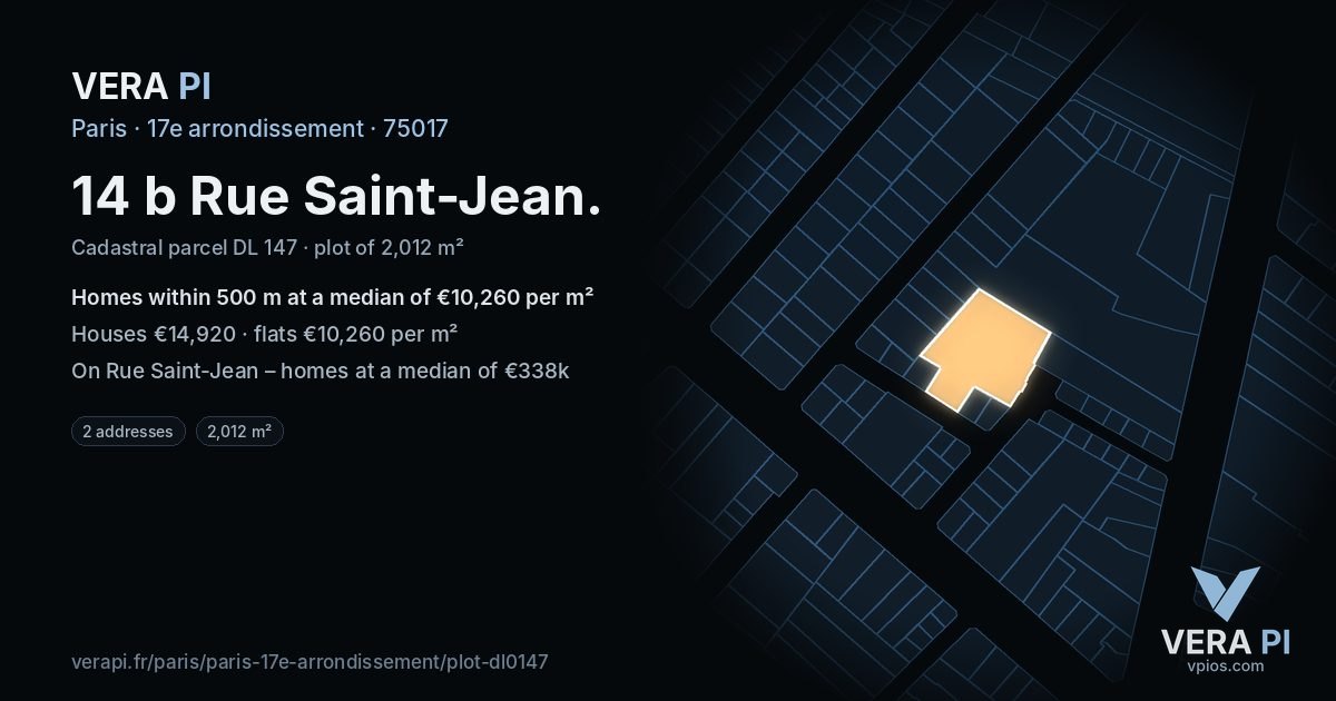 14 b Rue Saint-Jean, 17e arrondissement at night – the plot lit, the parcels around coloured by the prices near them