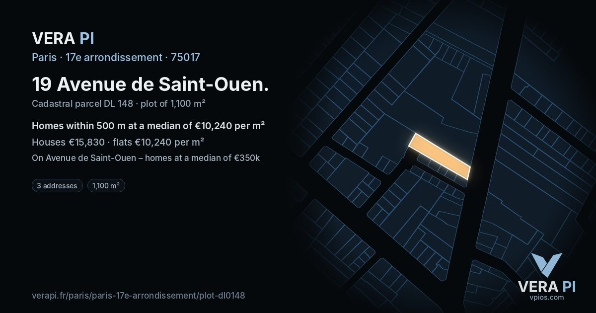 19 Avenue de Saint-Ouen, 17e arrondissement at night – the plot lit, the parcels around coloured by the prices near them