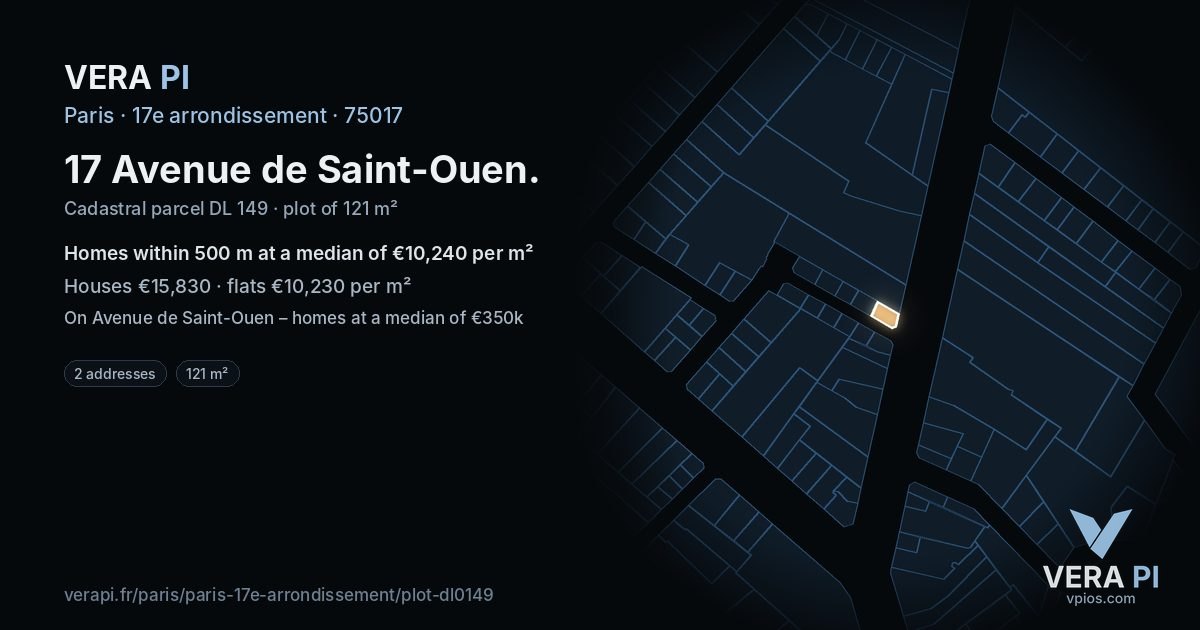 17 Avenue de Saint-Ouen, 17e arrondissement at night – the plot lit, the parcels around coloured by the prices near them