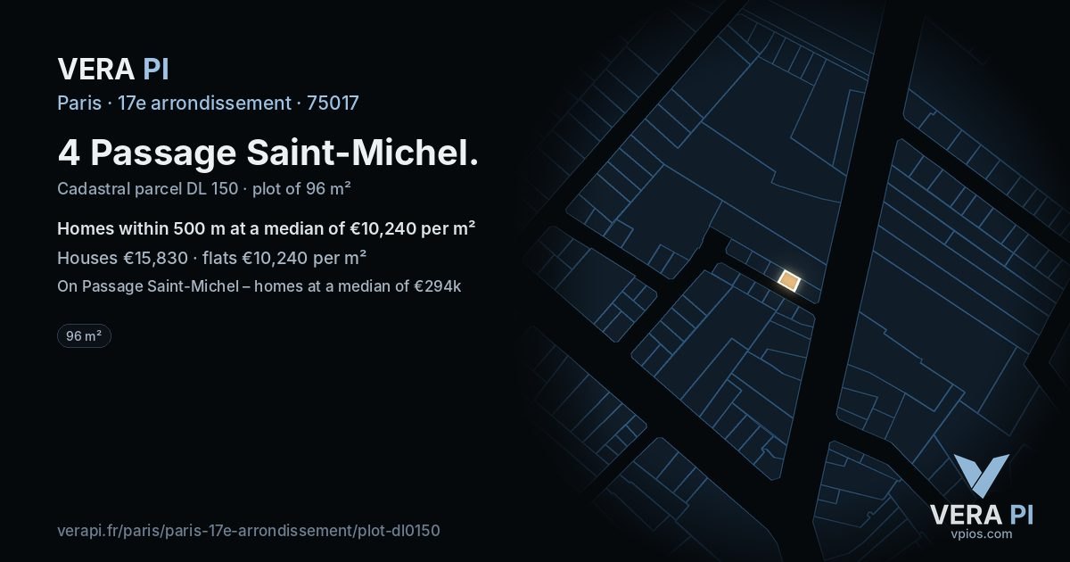 4 Passage Saint-Michel, 17e arrondissement at night – the plot lit, the parcels around coloured by the prices near them