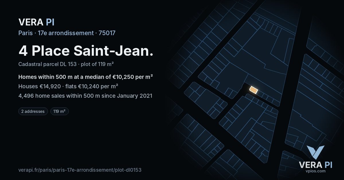 4 Place Saint-Jean, 17e arrondissement at night – the plot lit, the parcels around coloured by the prices near them