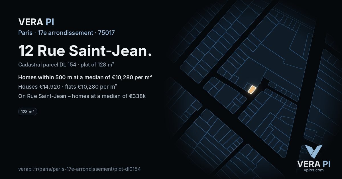 12 Rue Saint-Jean, 17e arrondissement at night – the plot lit, the parcels around coloured by the prices near them
