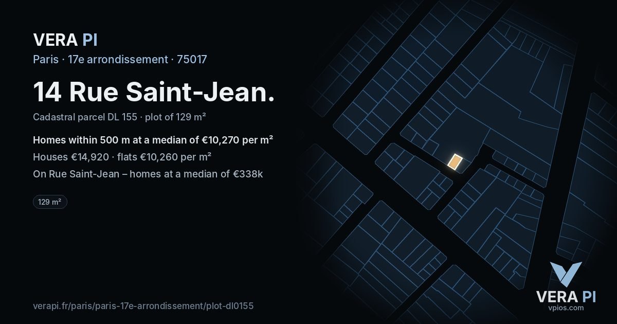 14 Rue Saint-Jean, 17e arrondissement at night – the plot lit, the parcels around coloured by the prices near them