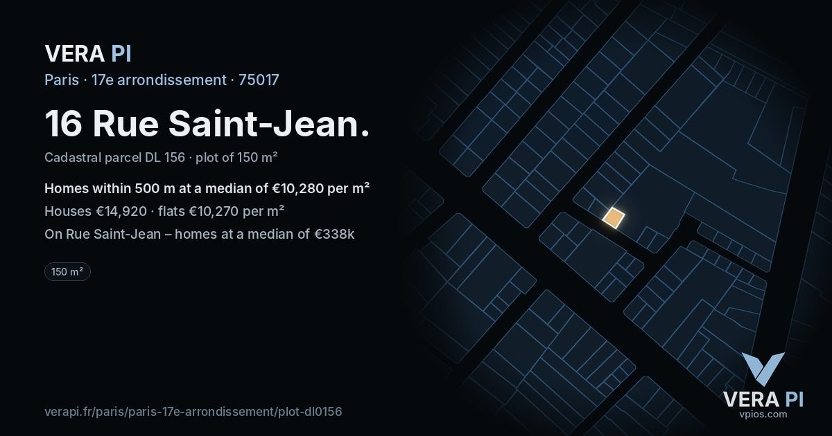 16 Rue Saint-Jean, 17e arrondissement at night – the plot lit, the parcels around coloured by the prices near them