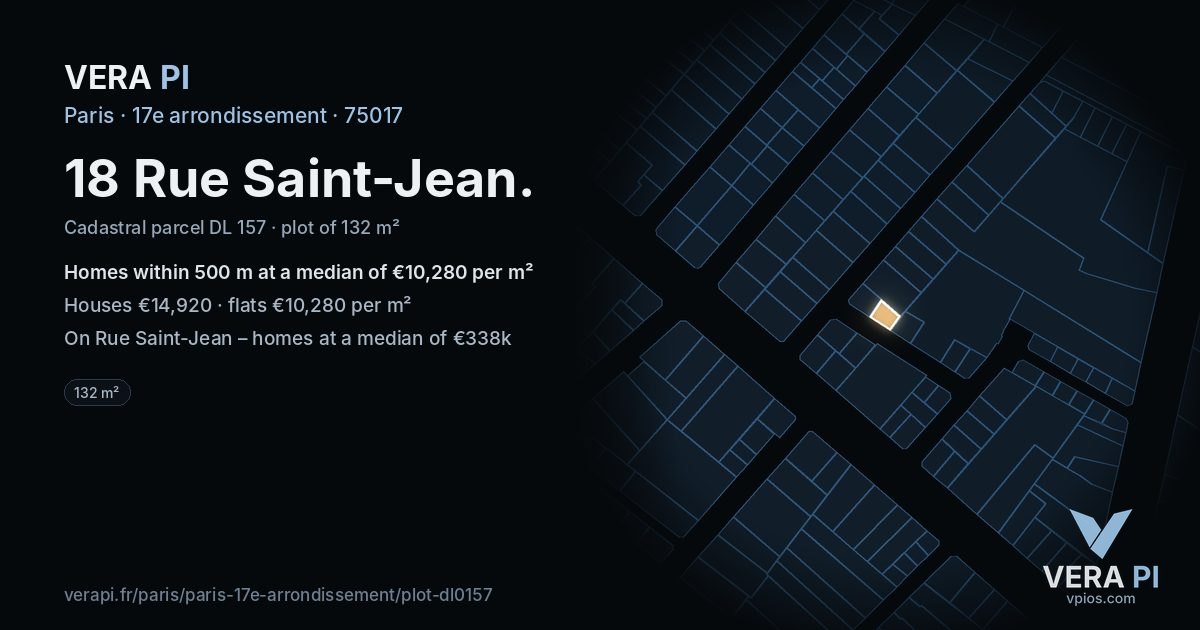 18 Rue Saint-Jean, 17e arrondissement at night – the plot lit, the parcels around coloured by the prices near them
