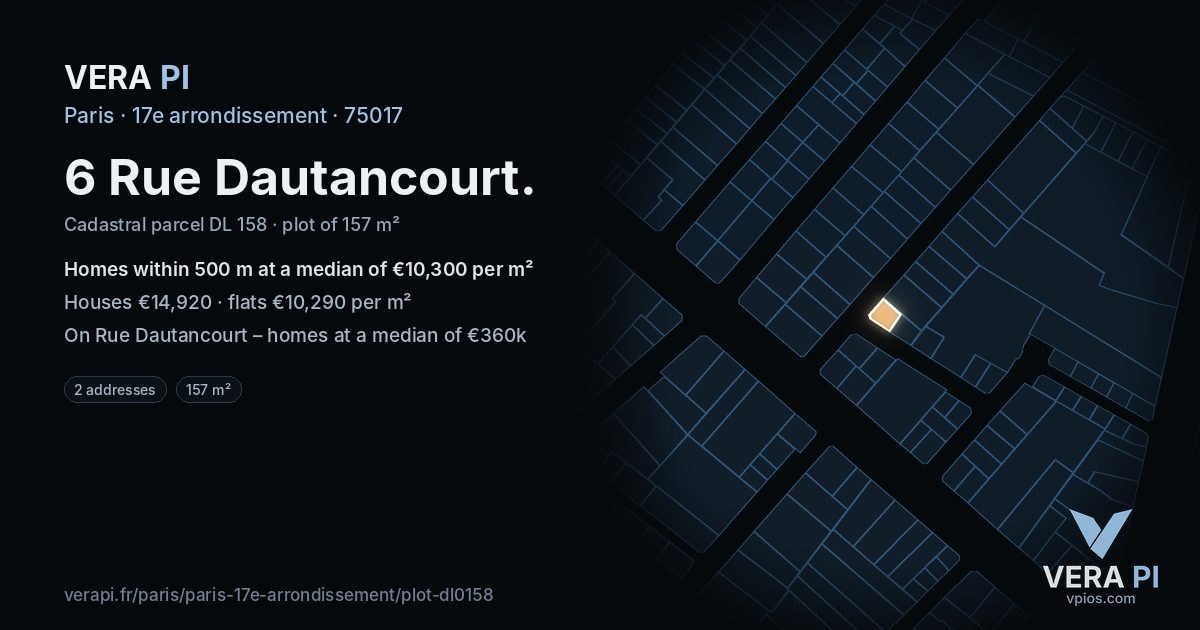 6 Rue Dautancourt, 17e arrondissement at night – the plot lit, the parcels around coloured by the prices near them