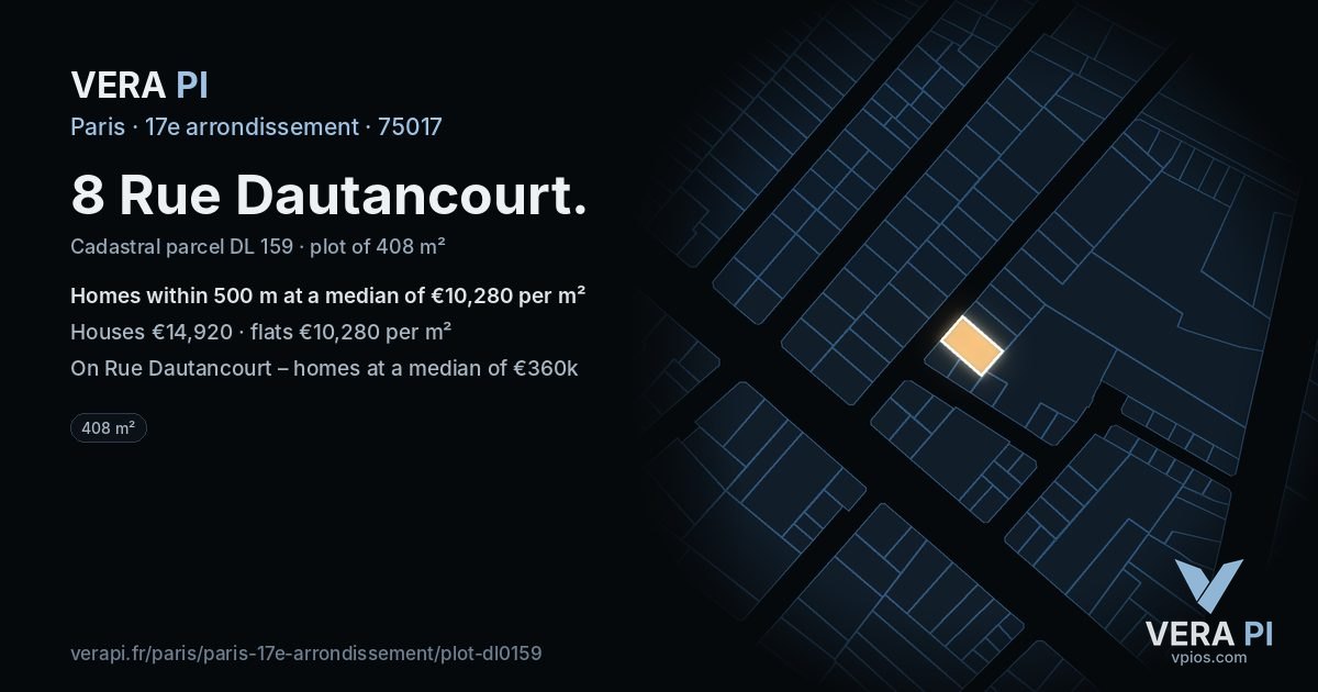8 Rue Dautancourt, 17e arrondissement at night – the plot lit, the parcels around coloured by the prices near them