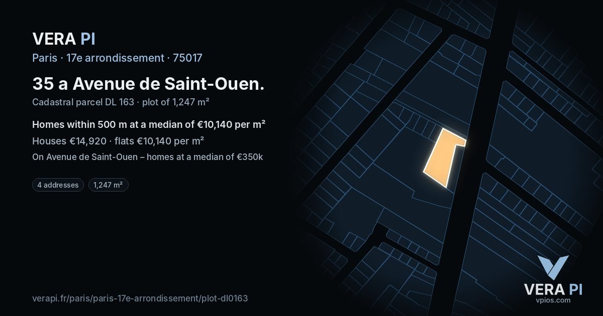 35 a Avenue de Saint-Ouen, 17e arrondissement at night – the plot lit, the parcels around coloured by the prices near them