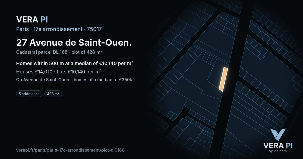 27 Avenue de Saint-Ouen, 17e arrondissement at night – the plot lit, the parcels around coloured by the prices near them