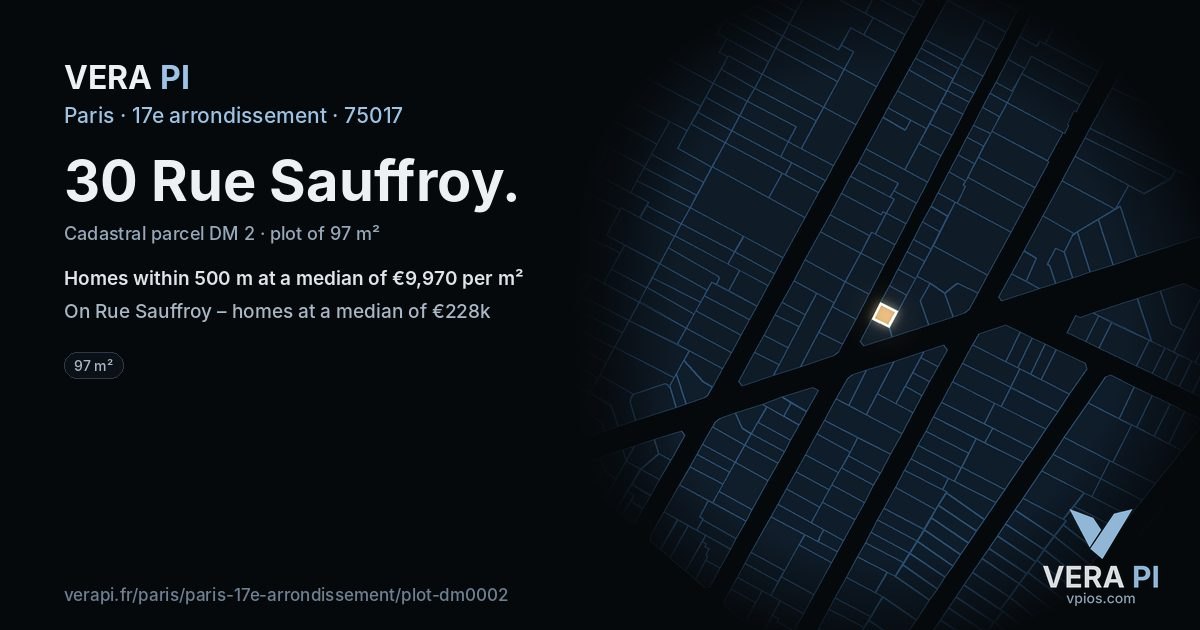 30 Rue Sauffroy, 17e arrondissement at night – the plot lit, the parcels around coloured by the prices near them