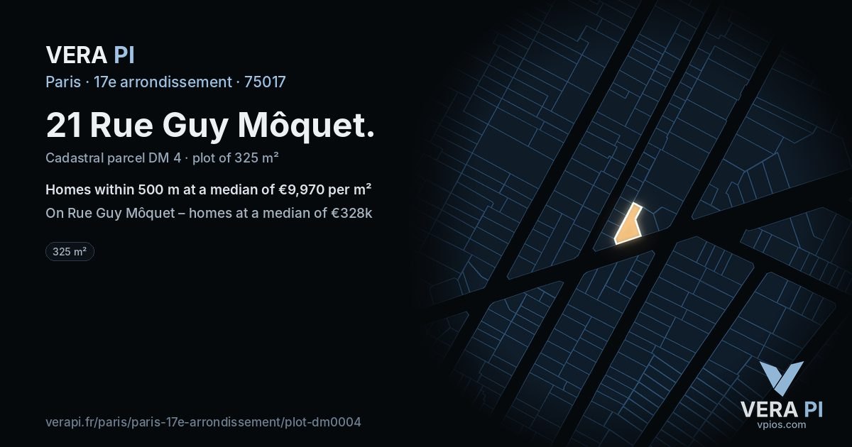 21 Rue Guy Môquet, 17e arrondissement at night – the plot lit, the parcels around coloured by the prices near them