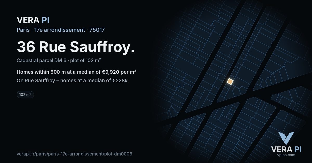 36 Rue Sauffroy, 17e arrondissement at night – the plot lit, the parcels around coloured by the prices near them