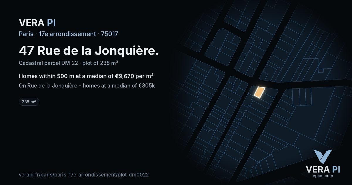 47 Rue de la Jonquière, 17e arrondissement at night – the plot lit, the parcels around coloured by the prices near them