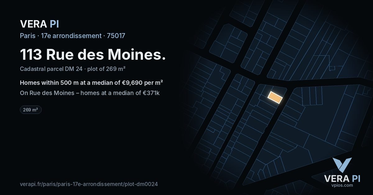 113 Rue des Moines, 17e arrondissement at night – the plot lit, the parcels around coloured by the prices near them