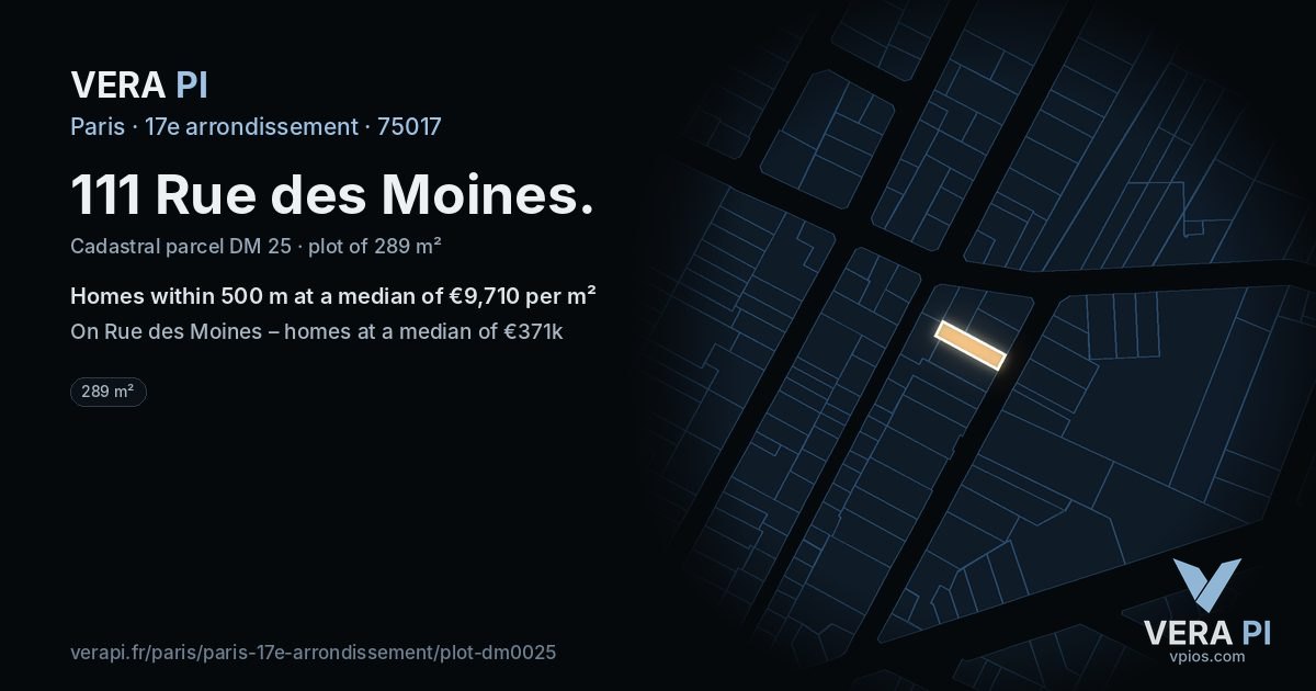 111 Rue des Moines, 17e arrondissement at night – the plot lit, the parcels around coloured by the prices near them